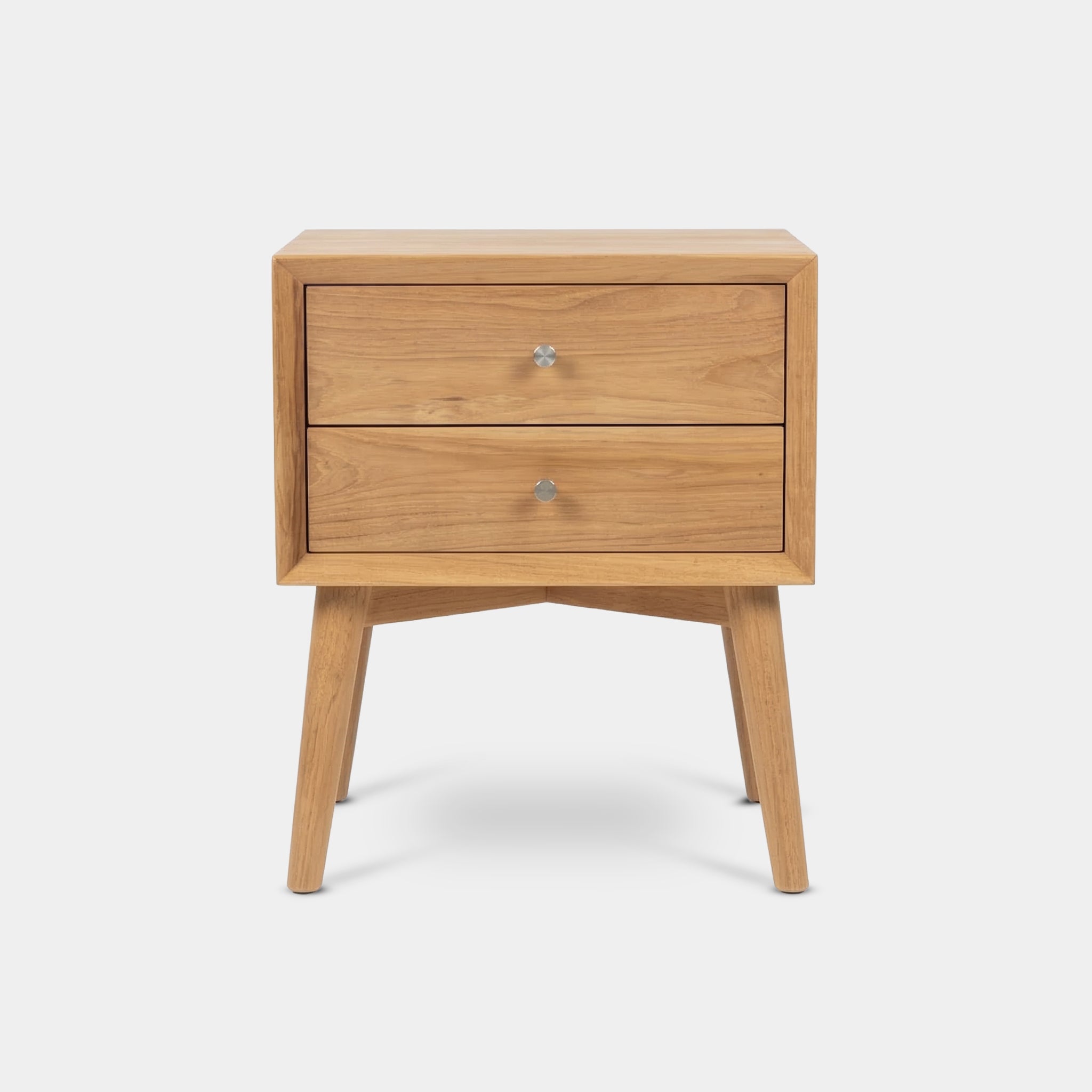 Dao mid-century bedside table with circular cut-out pulls, handcrafted from 100% reclaimed old teak in Chiang Mai, Thailand.