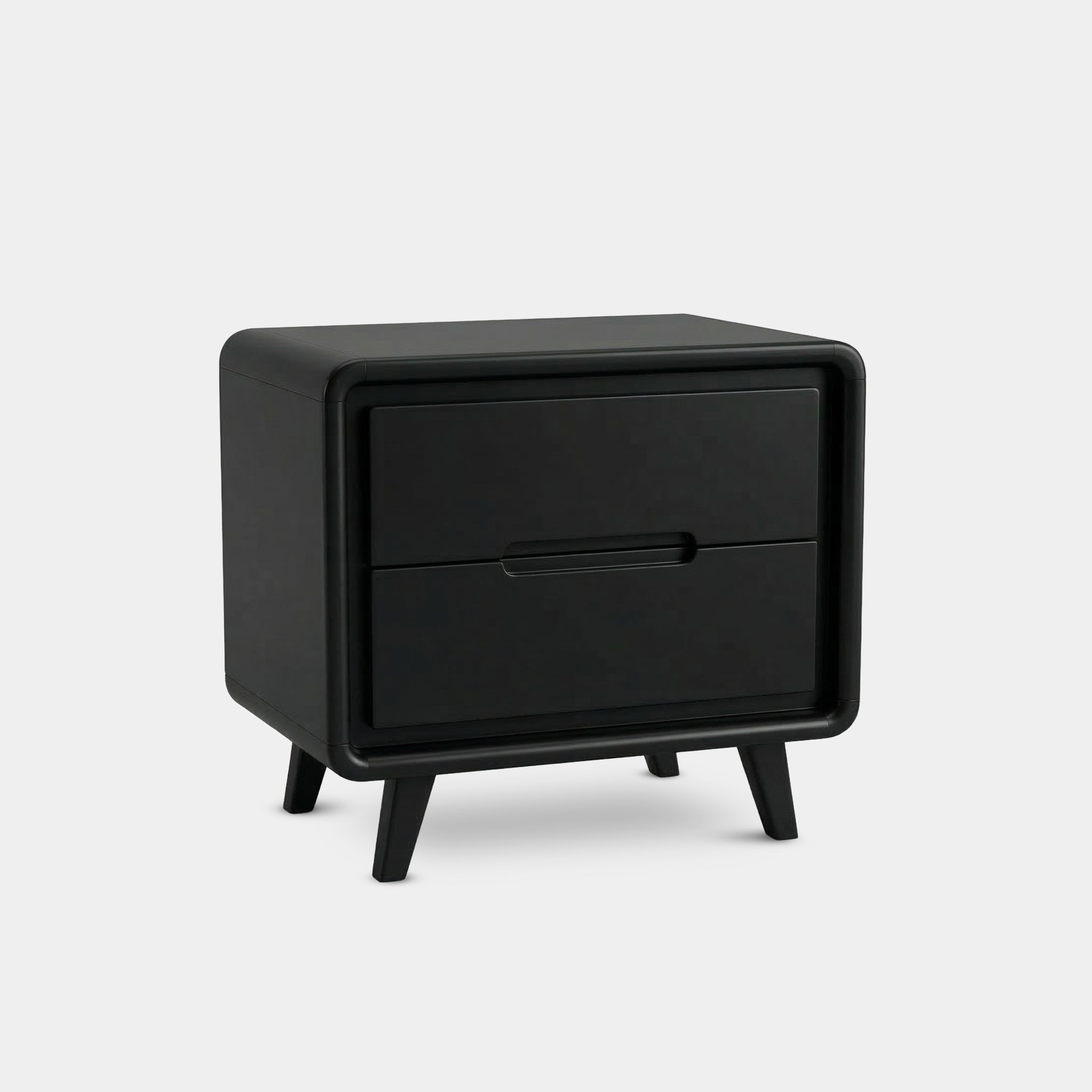 Fah matte black bedside table with two drawers, handcrafted from 100% reclaimed old teak in Chiang Mai, Thailand.