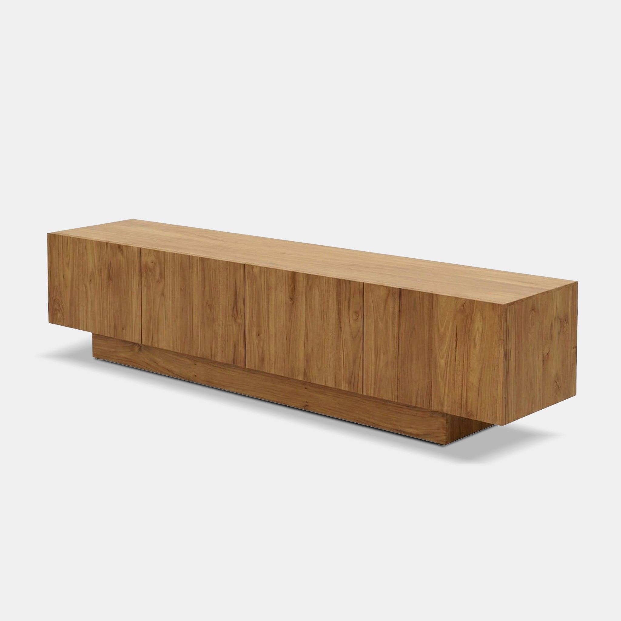 Inthanin 220cm reclaimed teak TV cabinet with plinth base and soft-close storage, handcrafted in Chiang Mai, Thailand.
