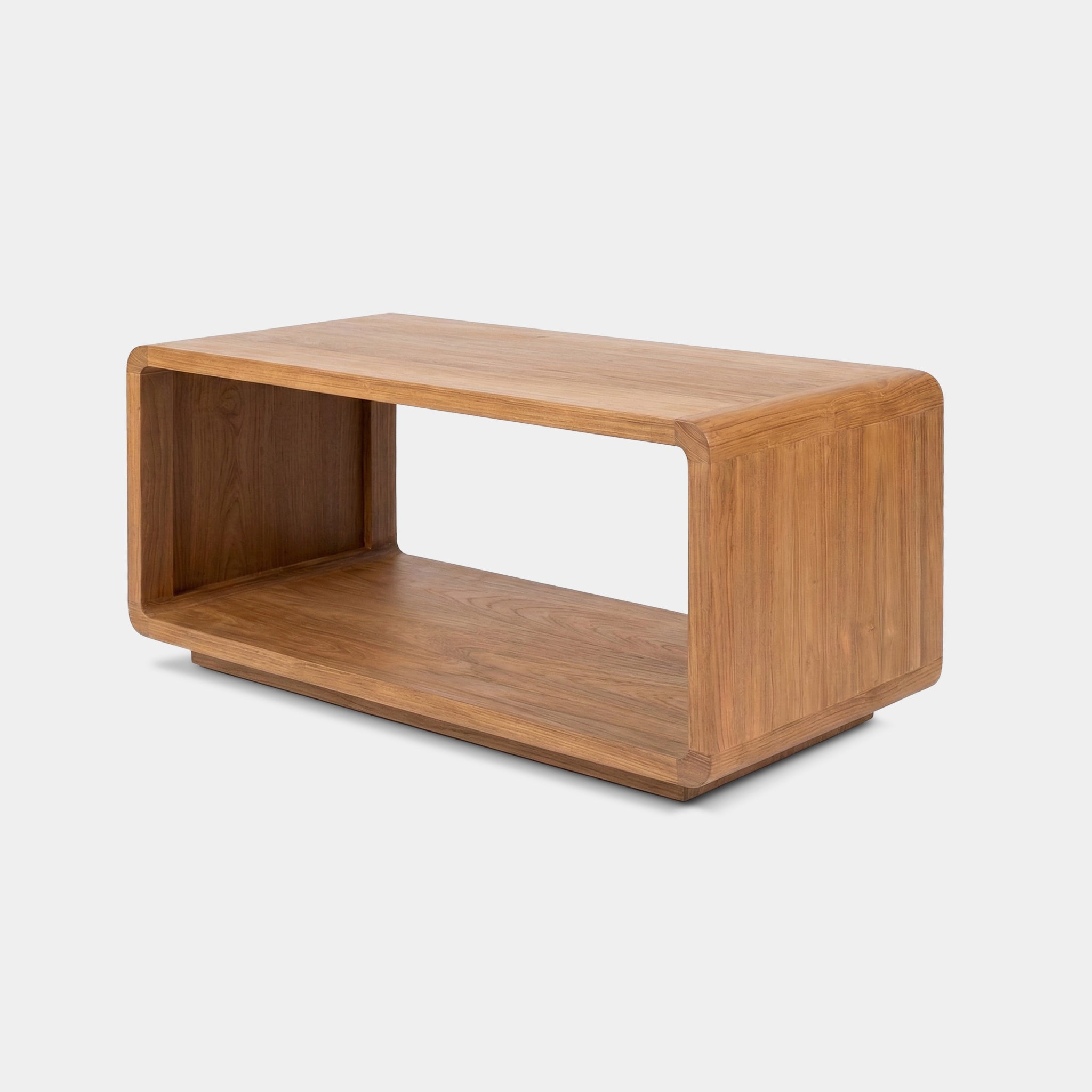 Kham 100% reclaimed teak waterfall coffee table with open storage and rounded edges, handcrafted in Chiang Mai, Thailand.
