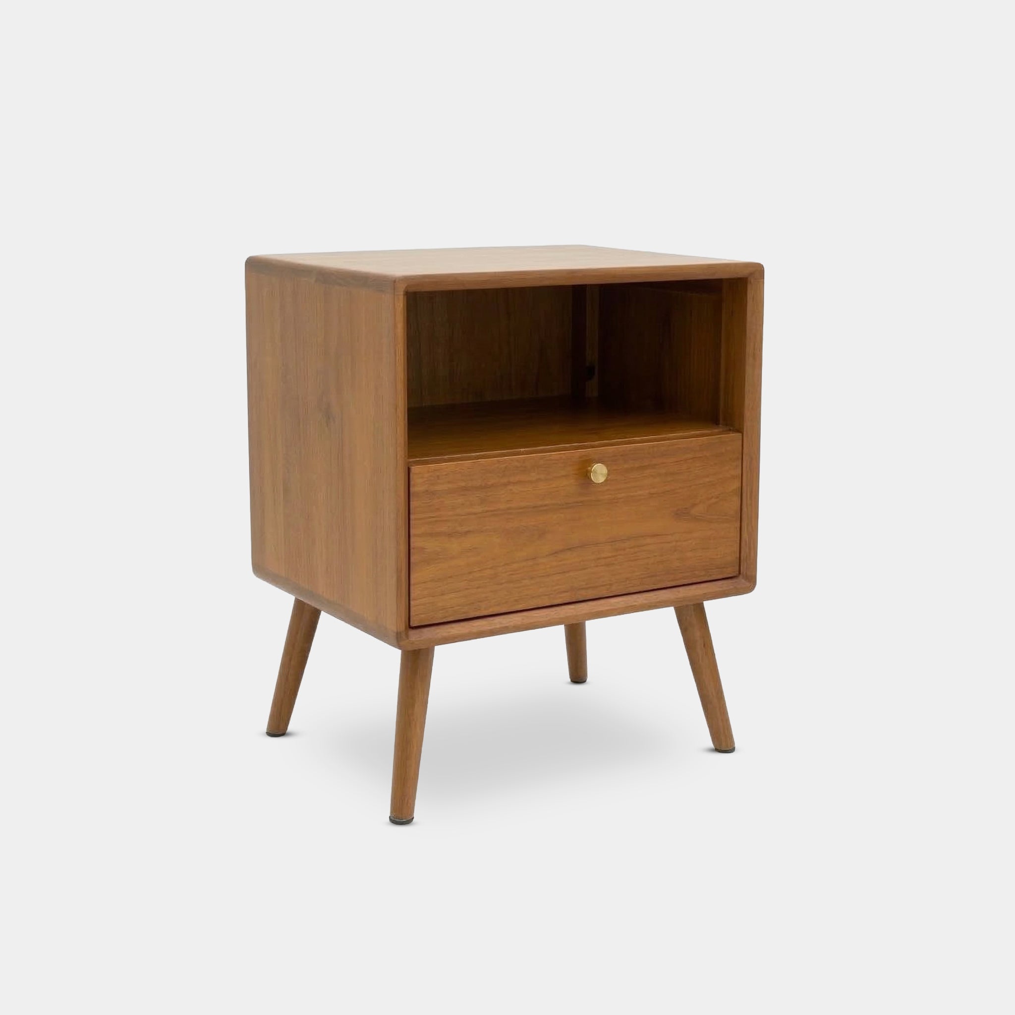 Kiri 100% reclaimed teak bedside table with brass knob and tapered legs, handcrafted in Chiang Mai, Thailand.