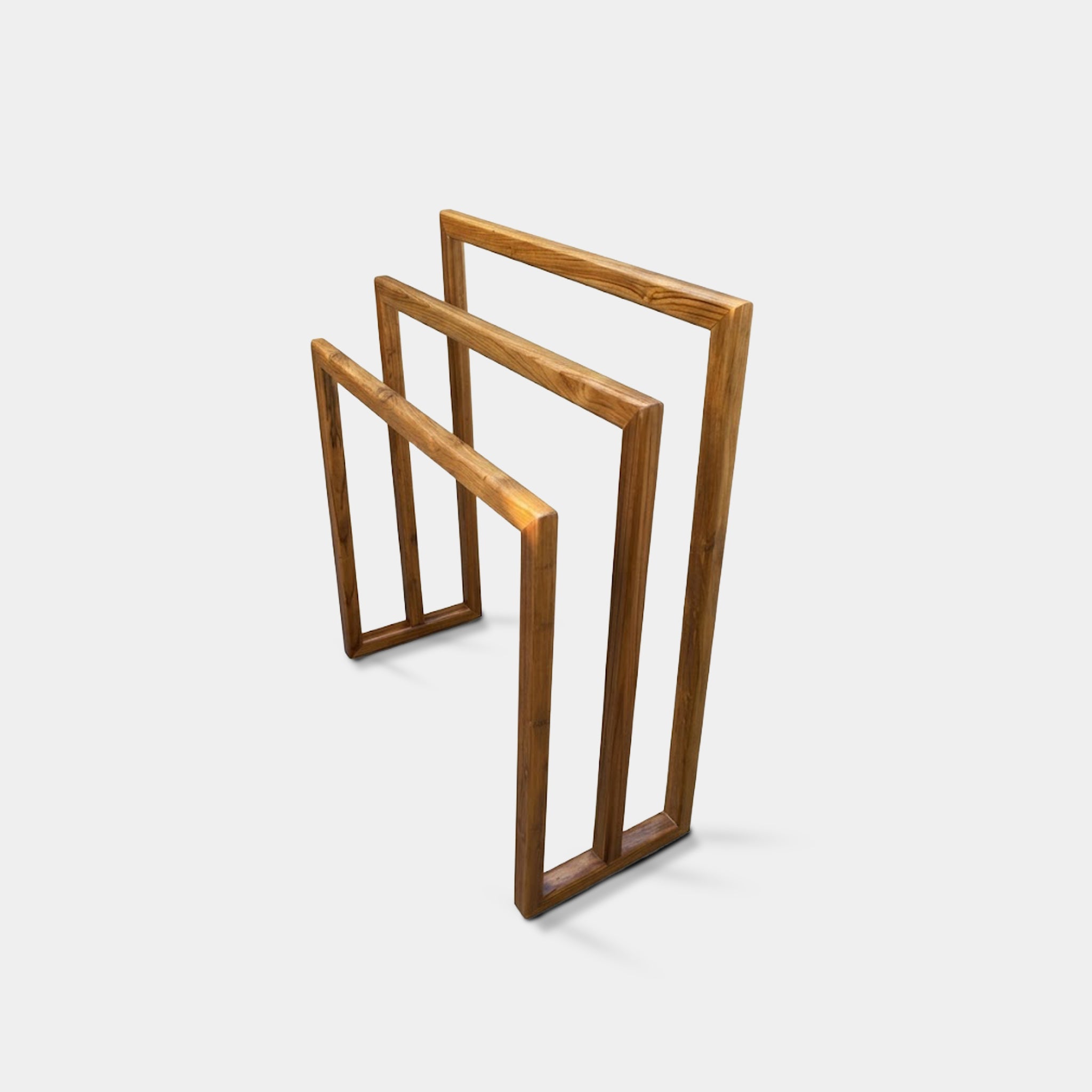 Kra minimalist stepped towel rack, handcrafted from 100% reclaimed old teak in Chiang Mai, Thailand.