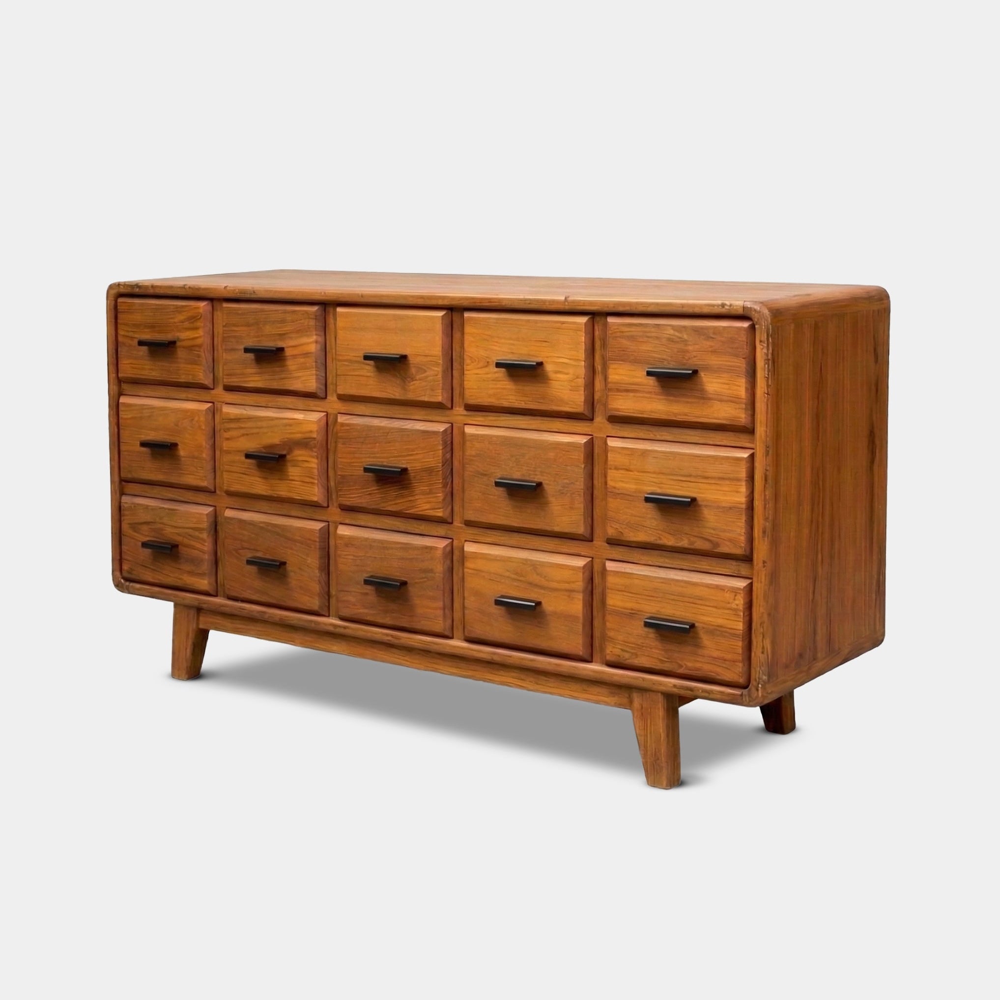 Lamduan 15-drawer sideboard with traditional wood glides, handcrafted from 100% reclaimed old teak in Chiang Mai, Thailand.