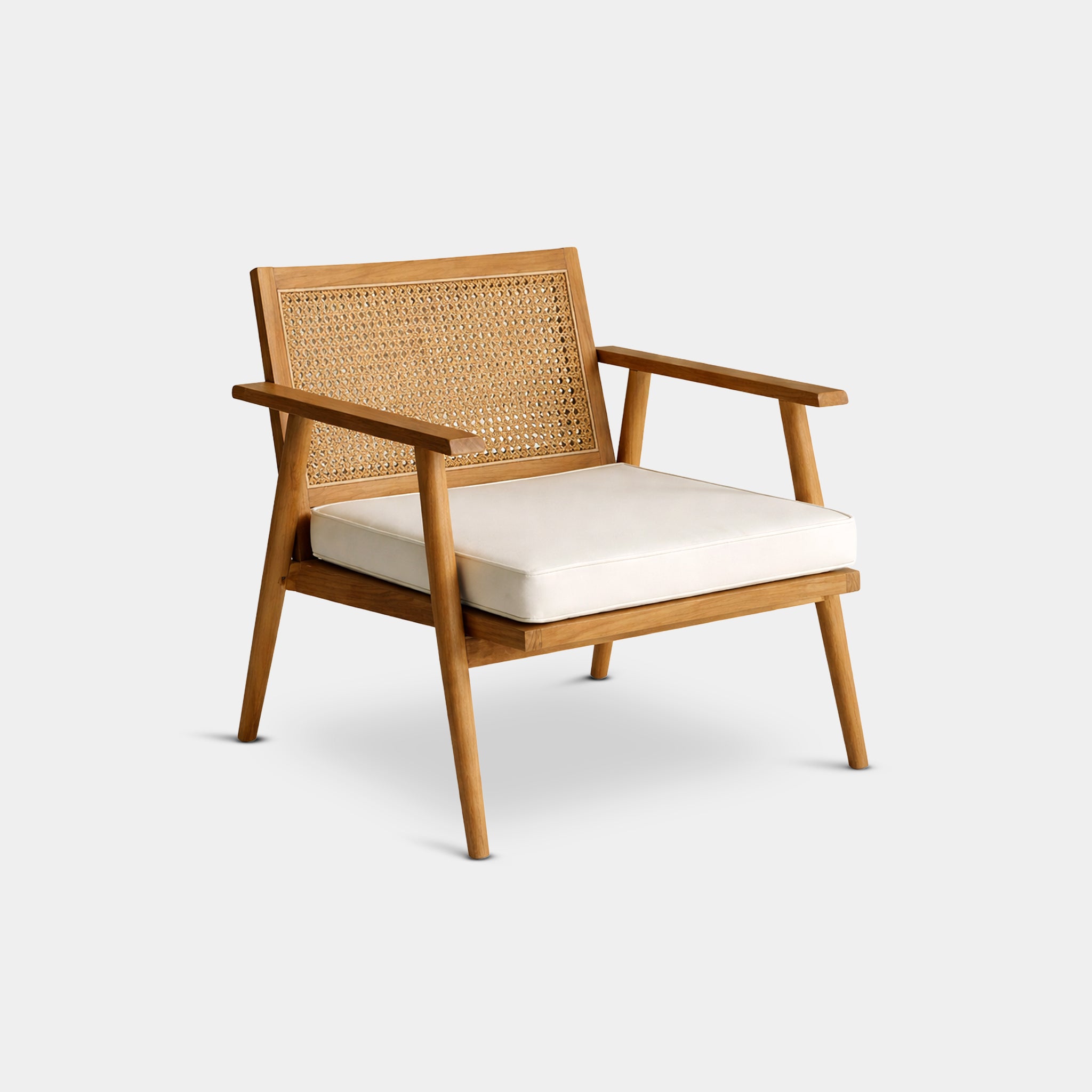 Lipe 100% reclaimed teak dining chair with V-shaped legs and cross-hatched rope weave, handcrafted in Chiang Mai, Thailand.