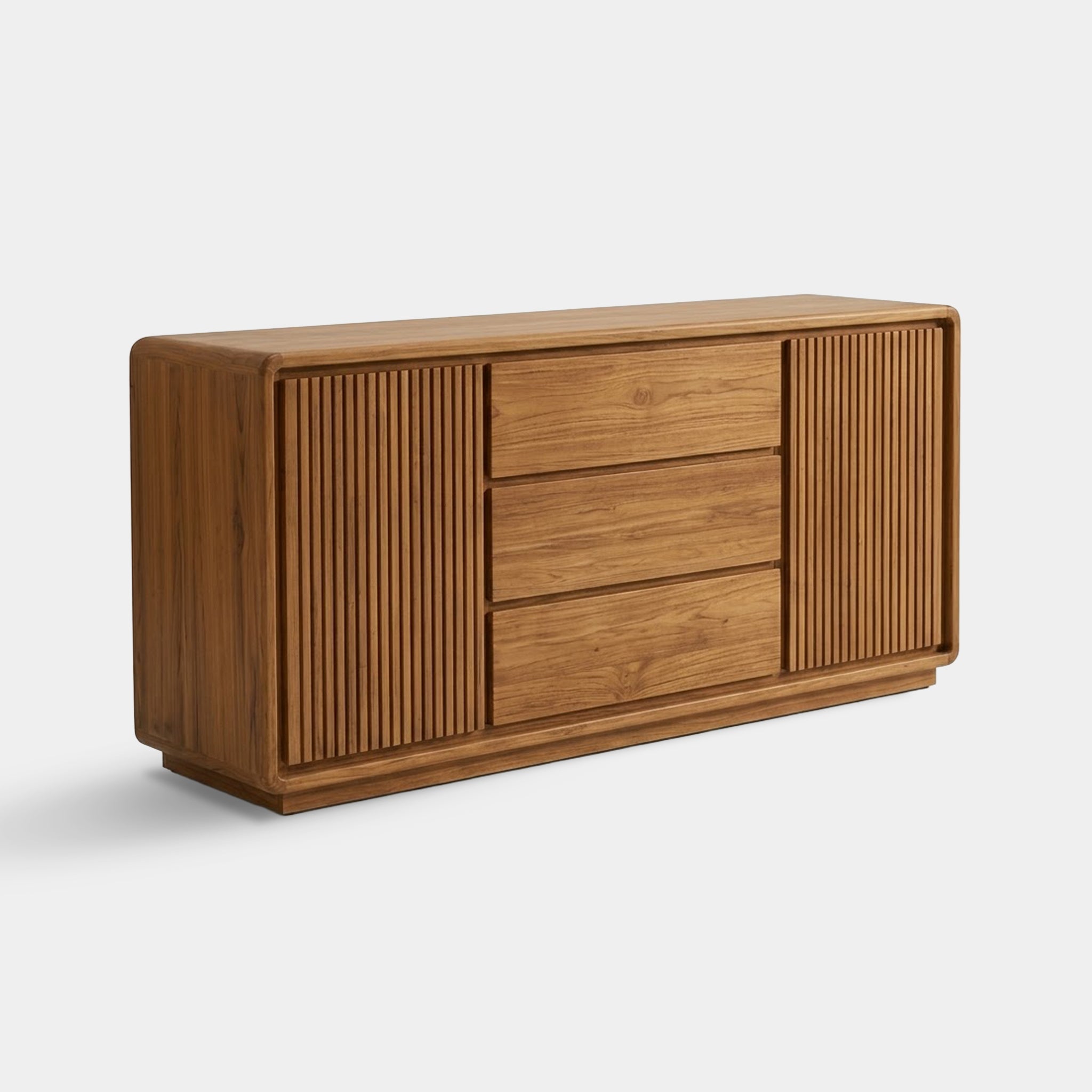 Lotus reclaimed teak sideboard with slatted doors and central drawers, handcrafted in Chiang Mai, Thailand.