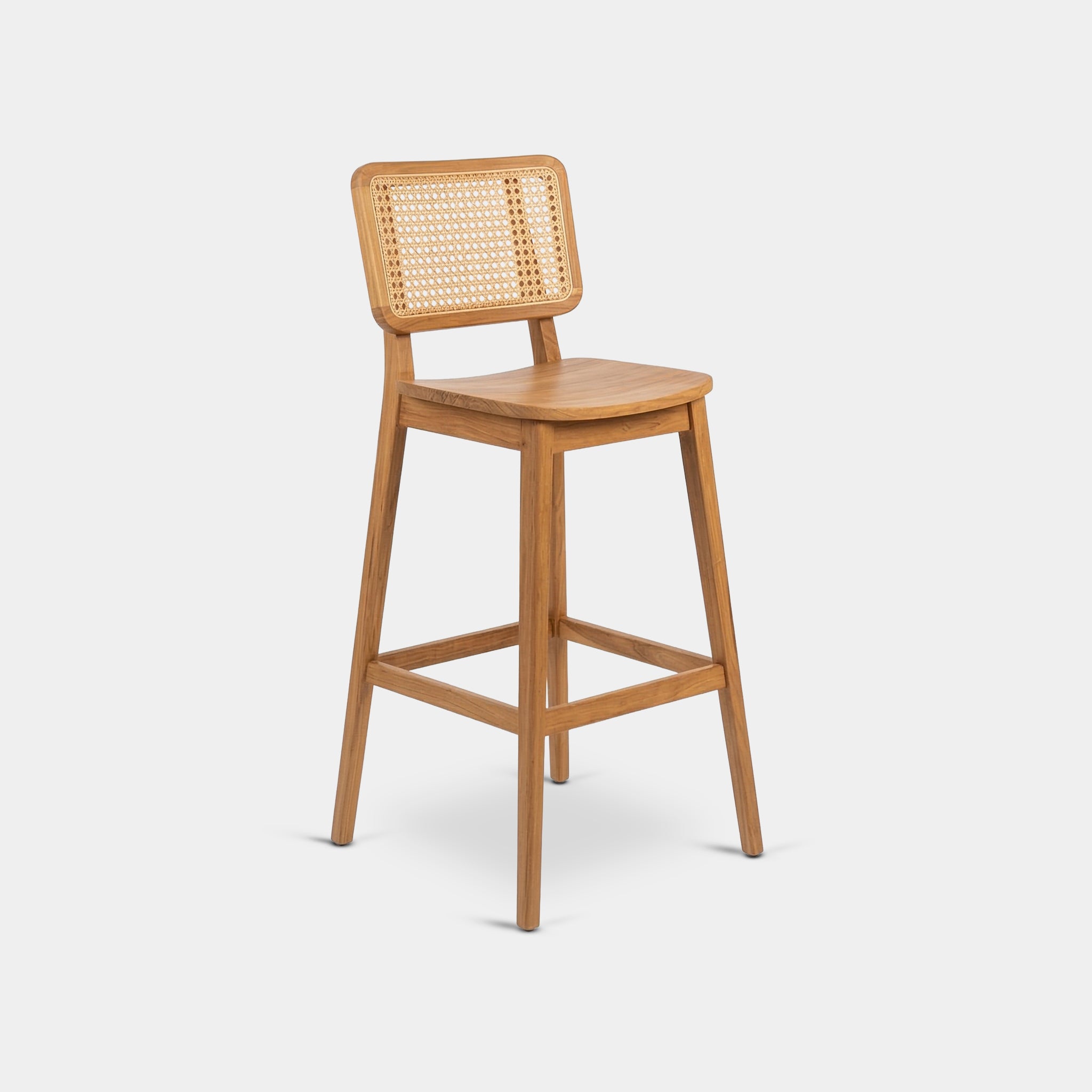 Mun bar stool with woven rattan backrest and teak seat, handcrafted from 100% reclaimed old teak in Chiang Mai, Thailand.