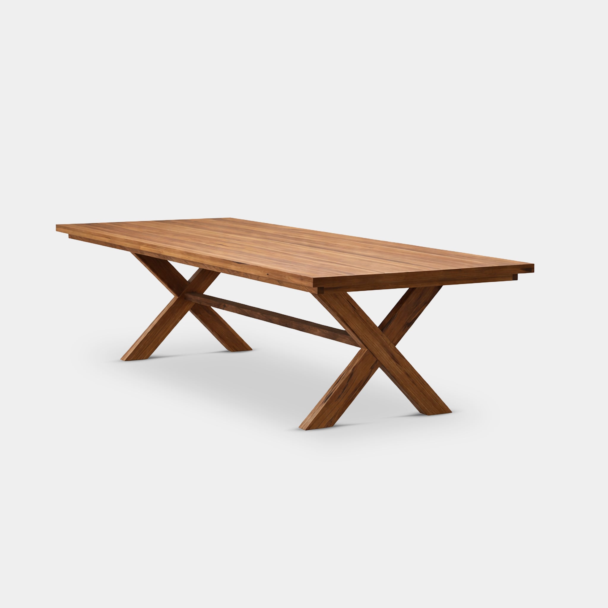 Phangan 240cm rectangular dining table with X-shaped base, handcrafted from 100% reclaimed old teak in Chiang Mai, Thailand.
