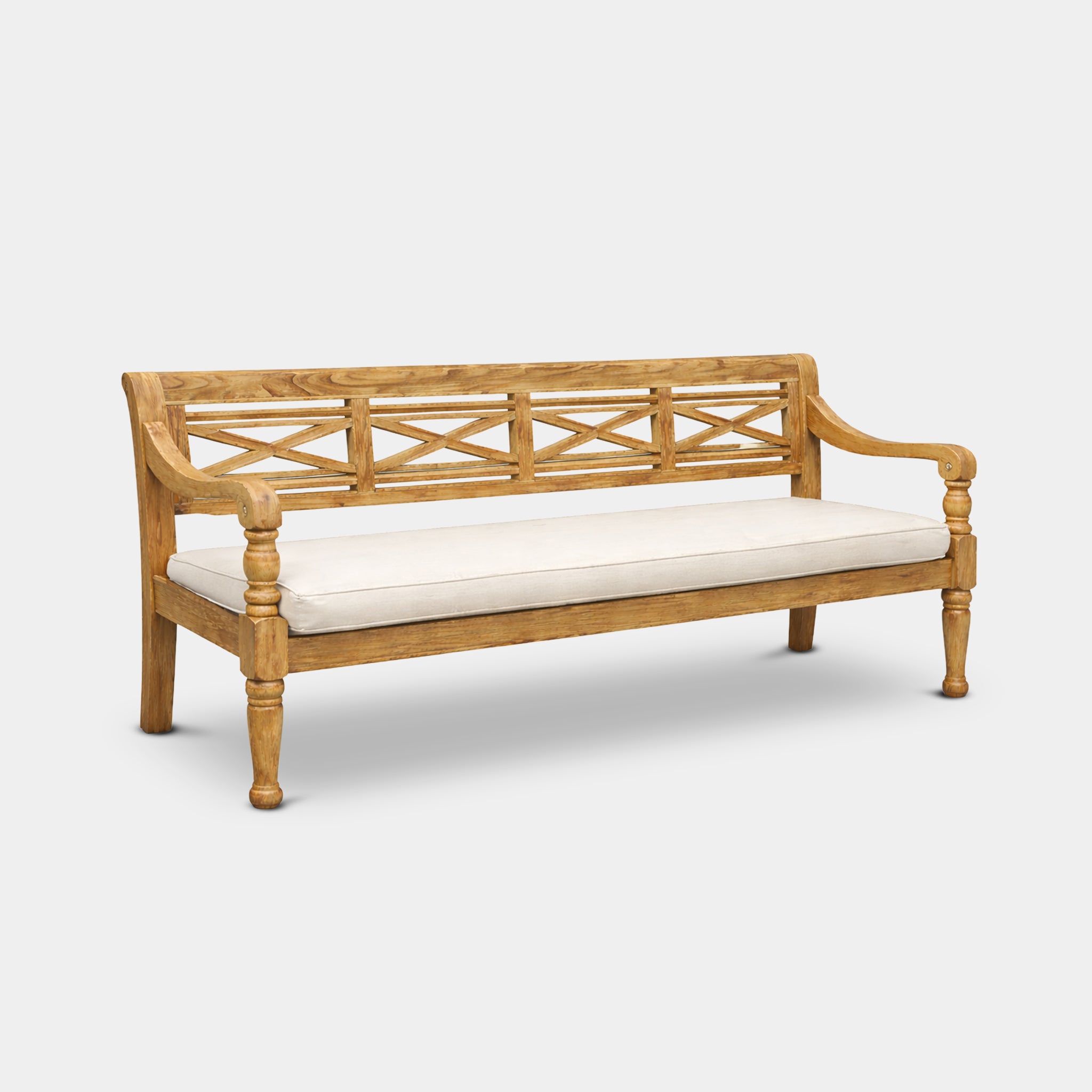 Phi Phi 100% reclaimed teak daybed with cross-back detailing and turned legs, handcrafted in Chiang Mai, Thailand.