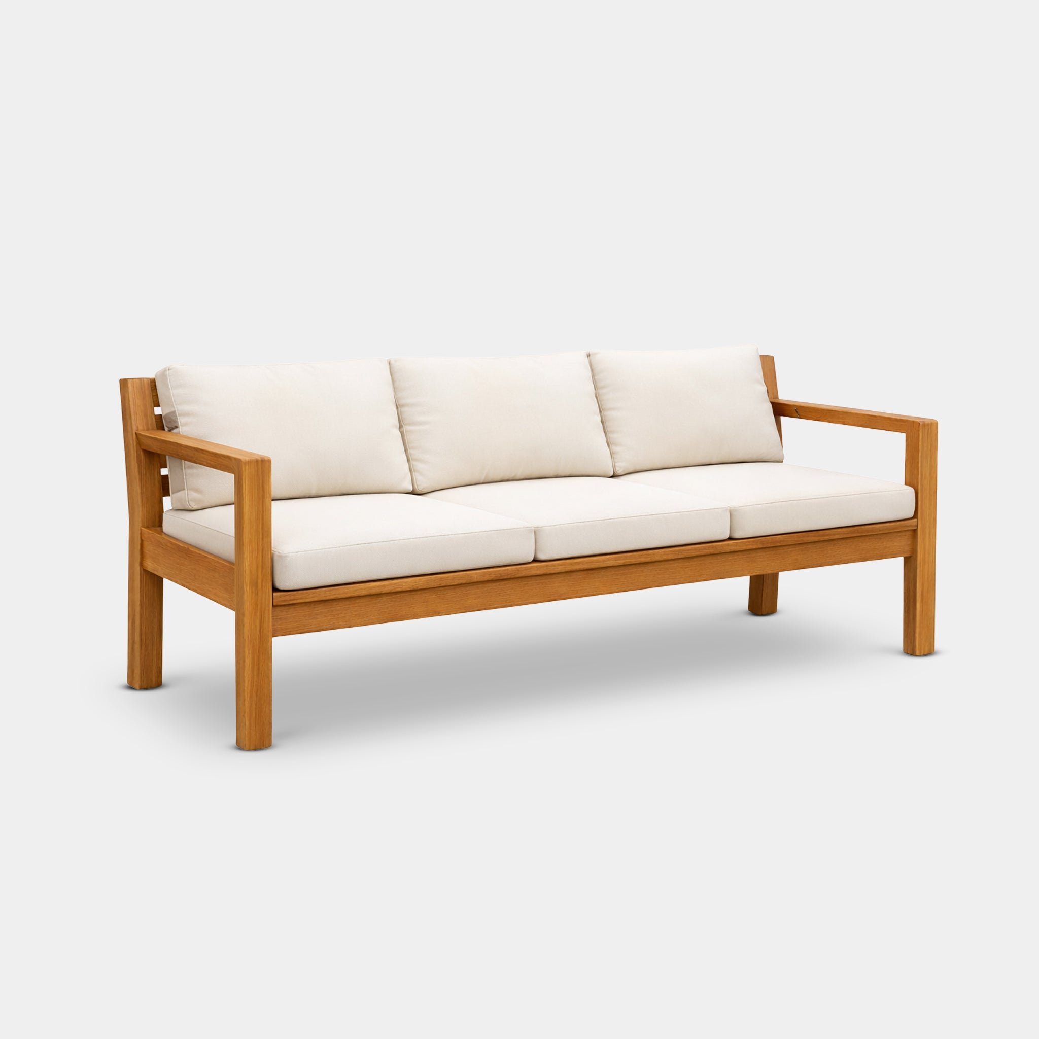 Rok 3-seater reclaimed teak daybed with open frame and deep cushions, handcrafted in Chiang Mai, Thailand from 100% reclaimed old teak.