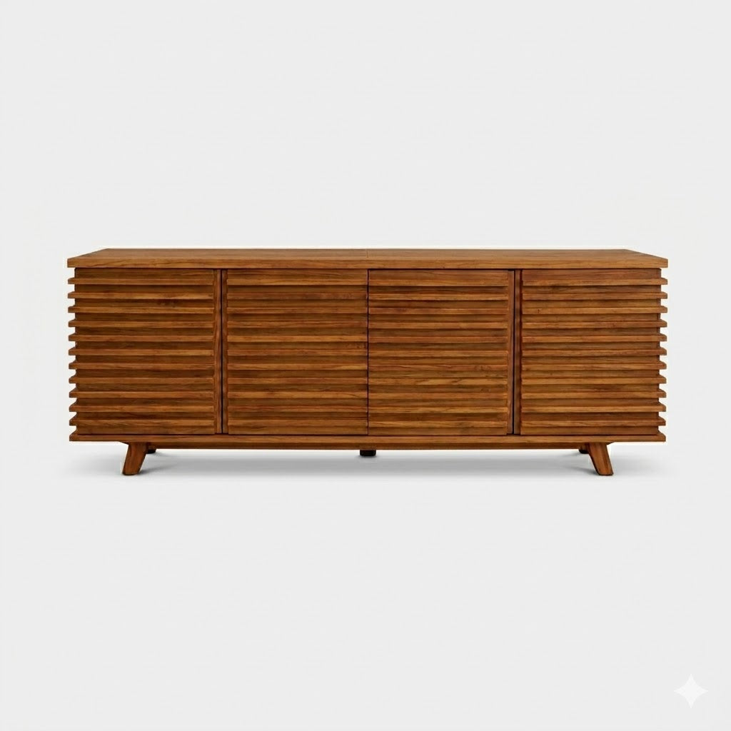 Intra slatted reclaimed teak sideboard with soft-close hinges, handcrafted from 100% reclaimed old teak in Chiang Mai, Thailand.