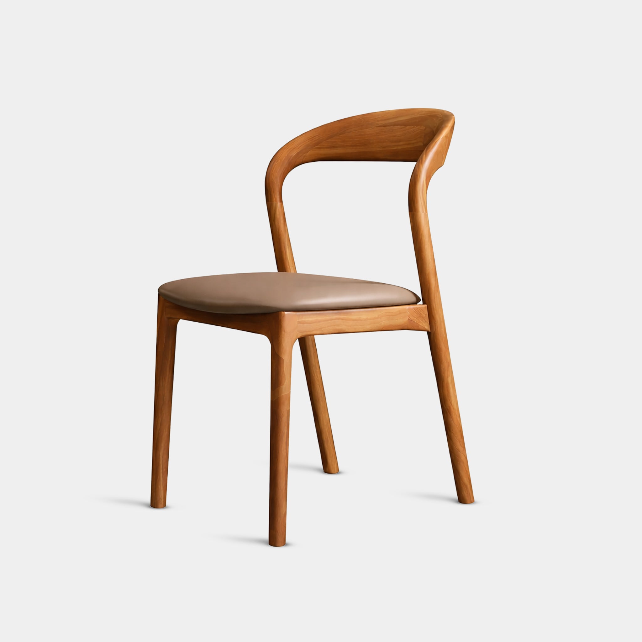 Ginger reclaimed teak dining chair with vertical slatted backrest and dark upholstered seat, handcrafted in Chiang Mai, Thailand.