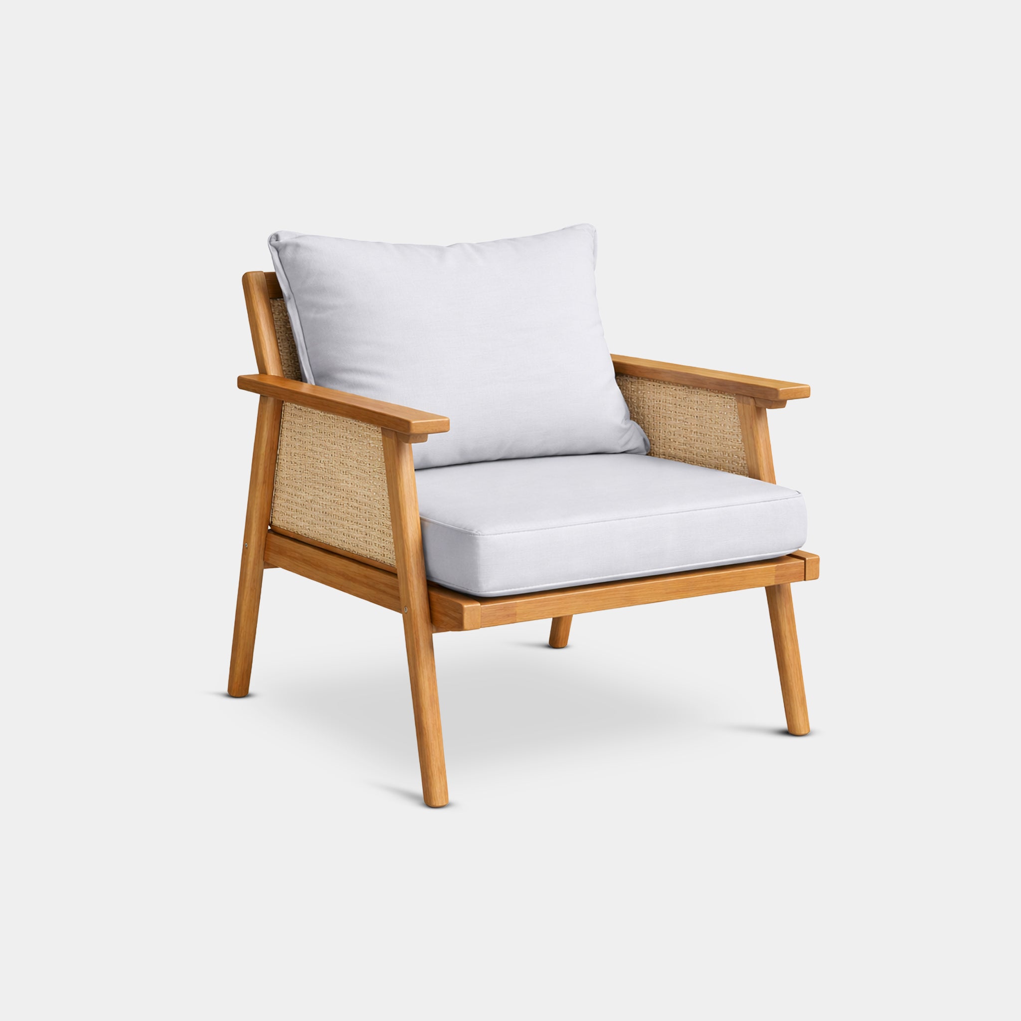 Kood minimalist teak chair with dark hand-woven rope seat and backrest, handcrafted in Chiang Mai, Thailand from 100% reclaimed old teak.