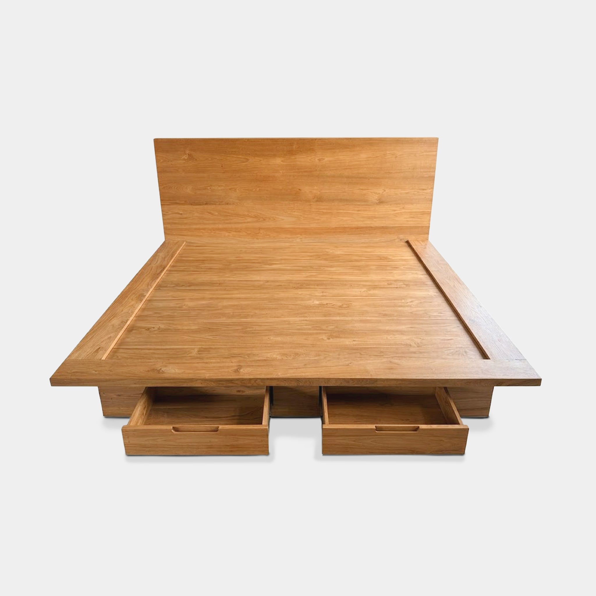Kwan platform bed with integrated storage drawers, handcrafted from 100% reclaimed old teak in Chiang Mai, Thailand.