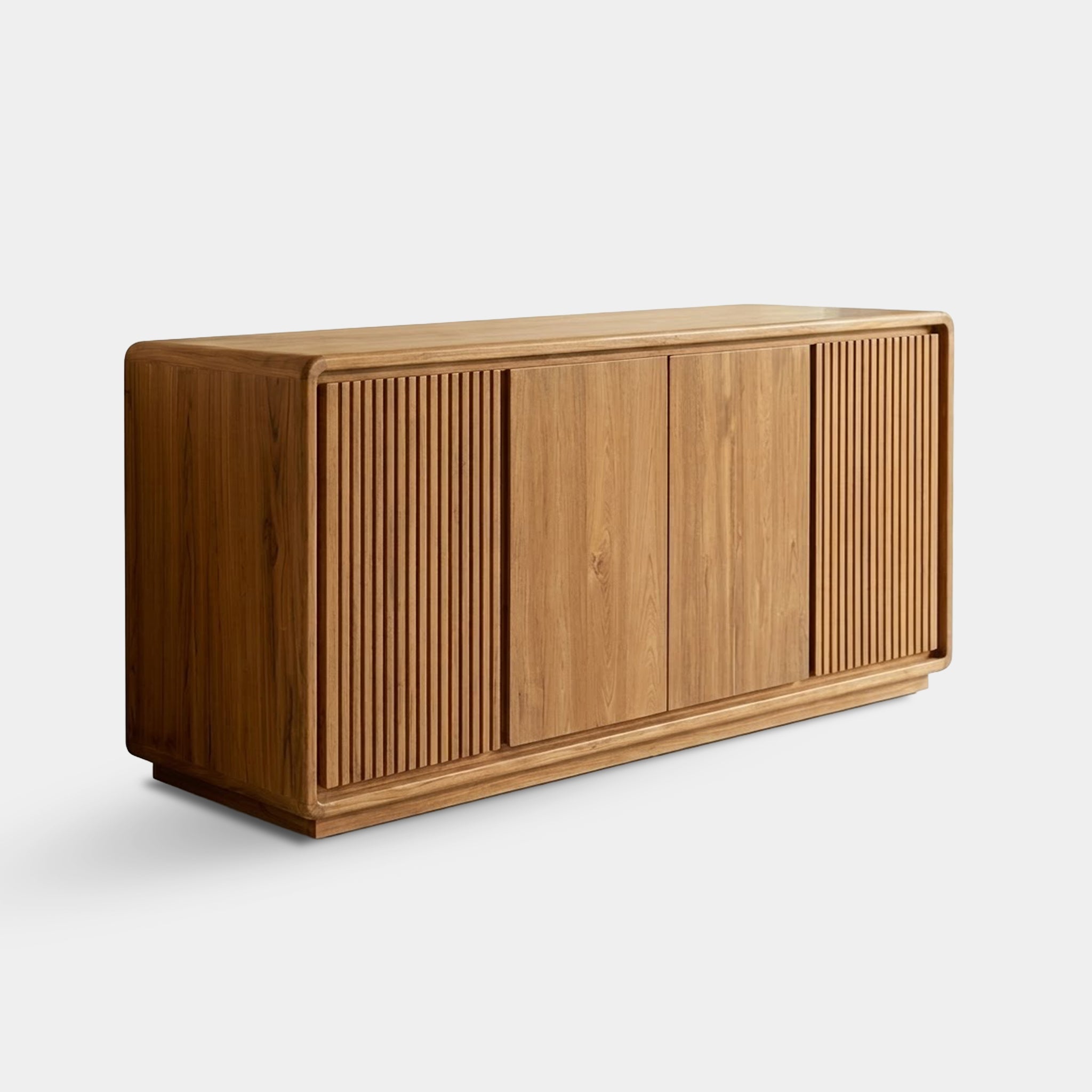Mai 180cm reclaimed teak sideboard with slatted side panels and central flat doors, handcrafted in Chiang Mai, Thailand.