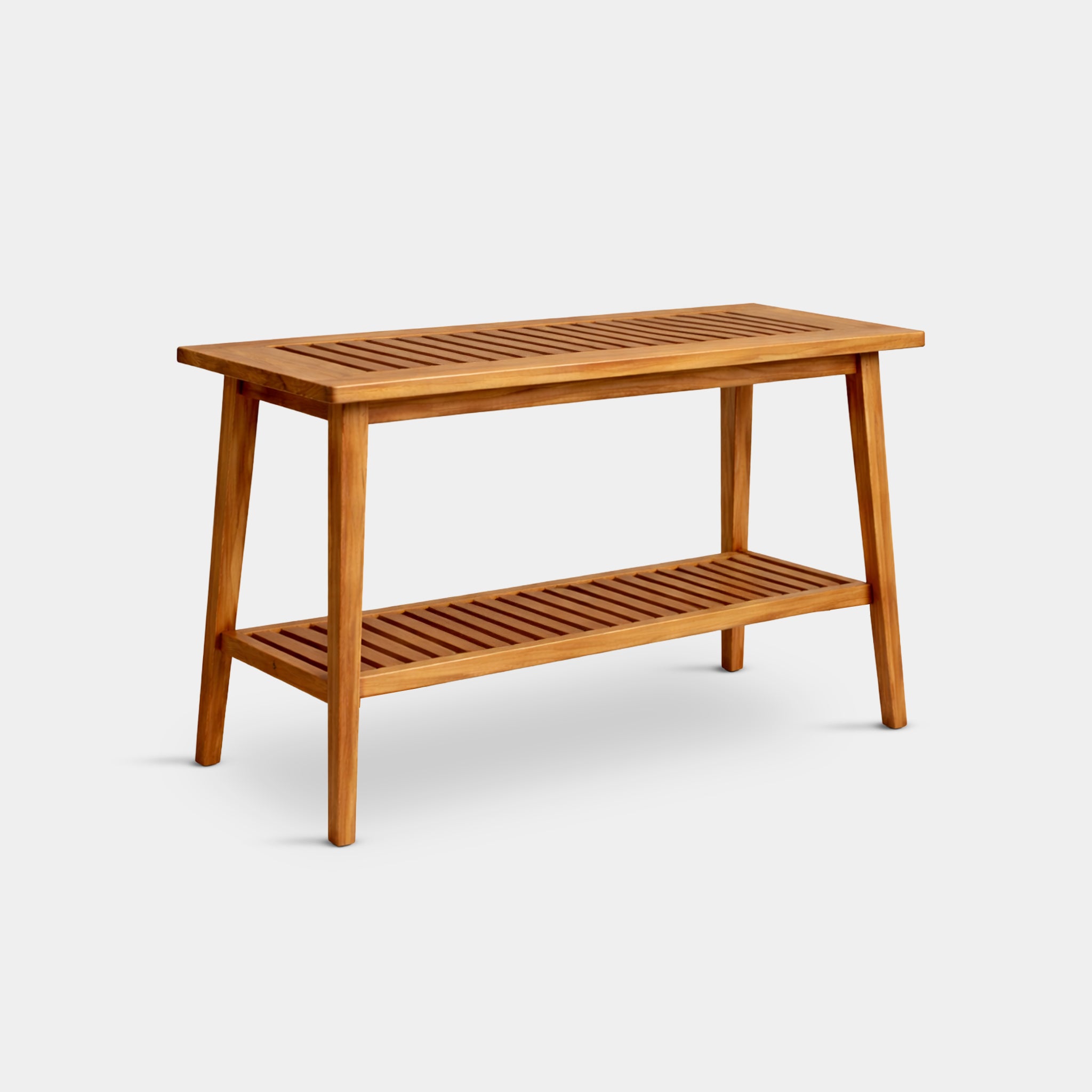 Mekong outdoor slatted bar table, handcrafted from 100% reclaimed old teak in Chiang Mai, Thailand.