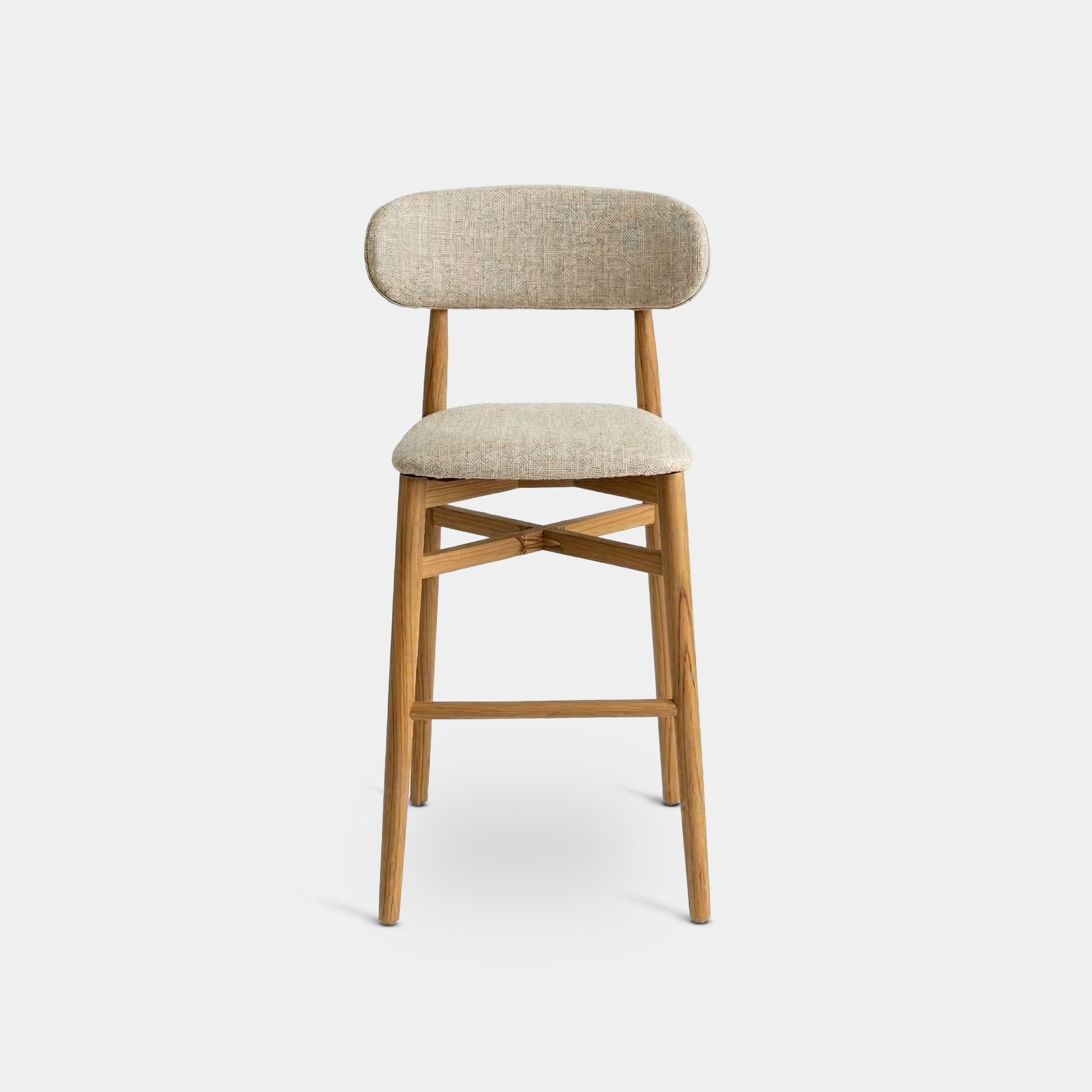 Ngai upholstered bar stool with curved backrest, handcrafted from 100% reclaimed old teak in Chiang Mai, Thailand.