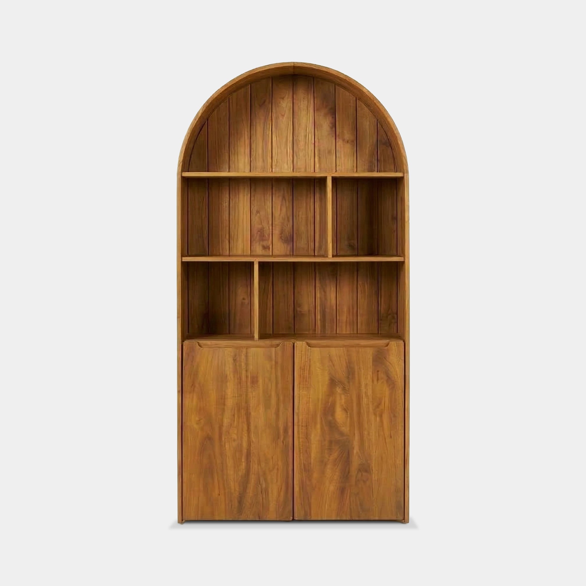 Pha 100% reclaimed teak arched bookcase with open shelves and soft-close cabinets, handcrafted in Chiang Mai, Thailand.