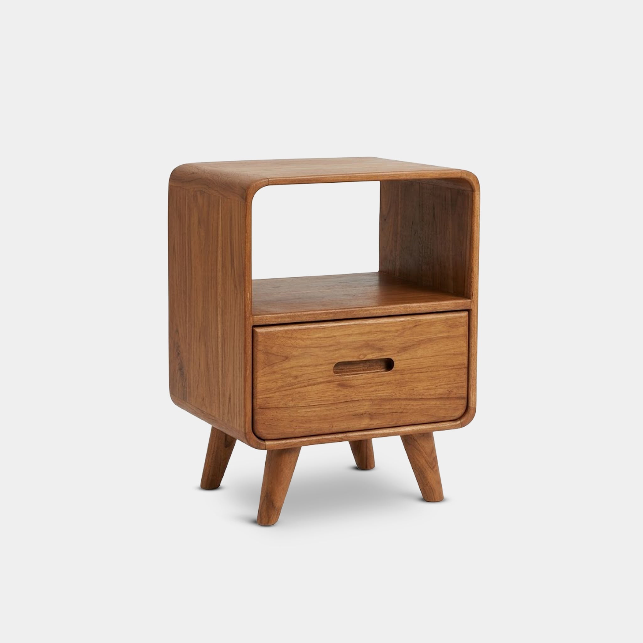 Rai curved bedside table with open cubby and drawer, handcrafted from 100% reclaimed old teak in Chiang Mai, Thailand.