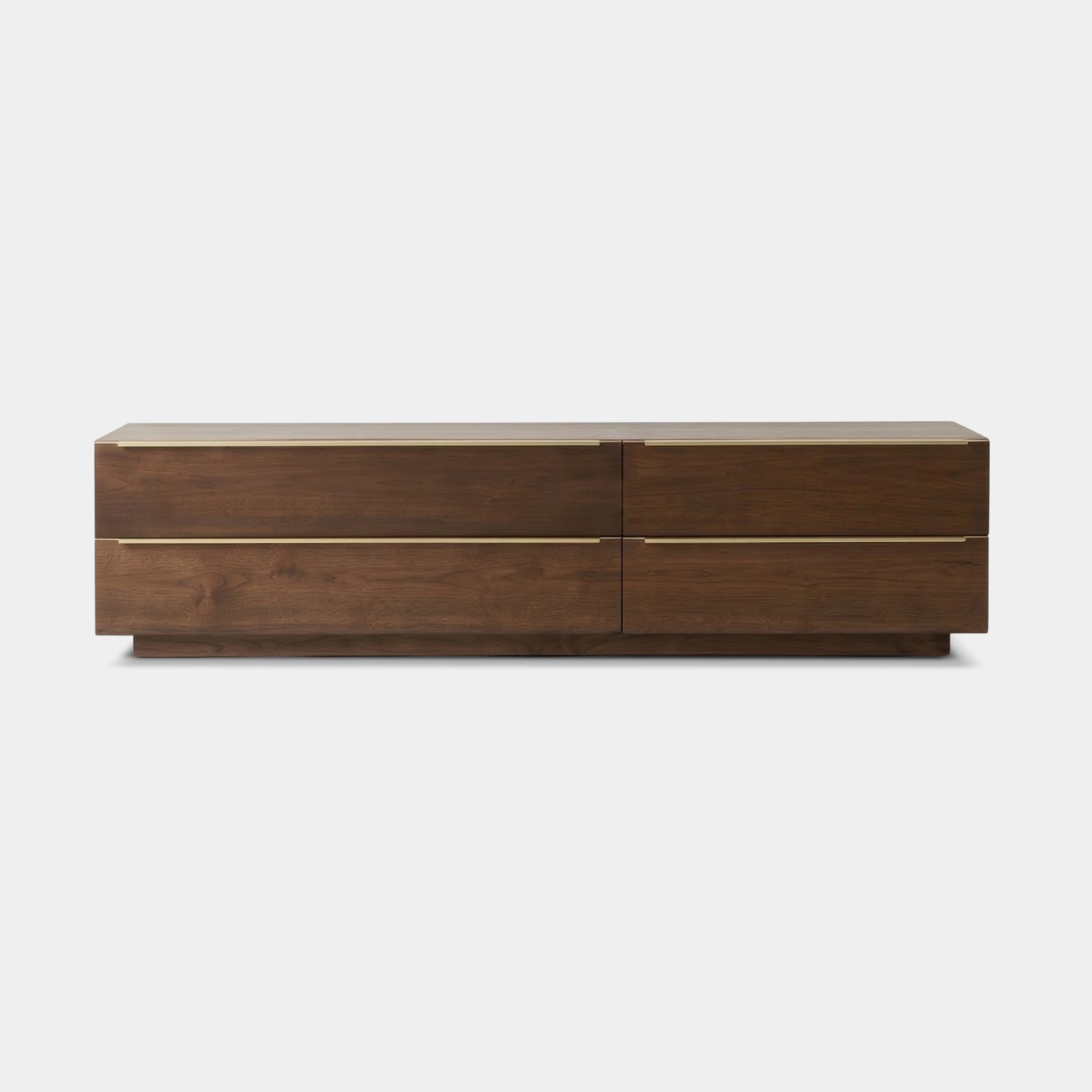 Ratchaphruek 200cm reclaimed teak TV cabinet with brass inlay and soft-close drawers, handcrafted in Chiang Mai, Thailand.