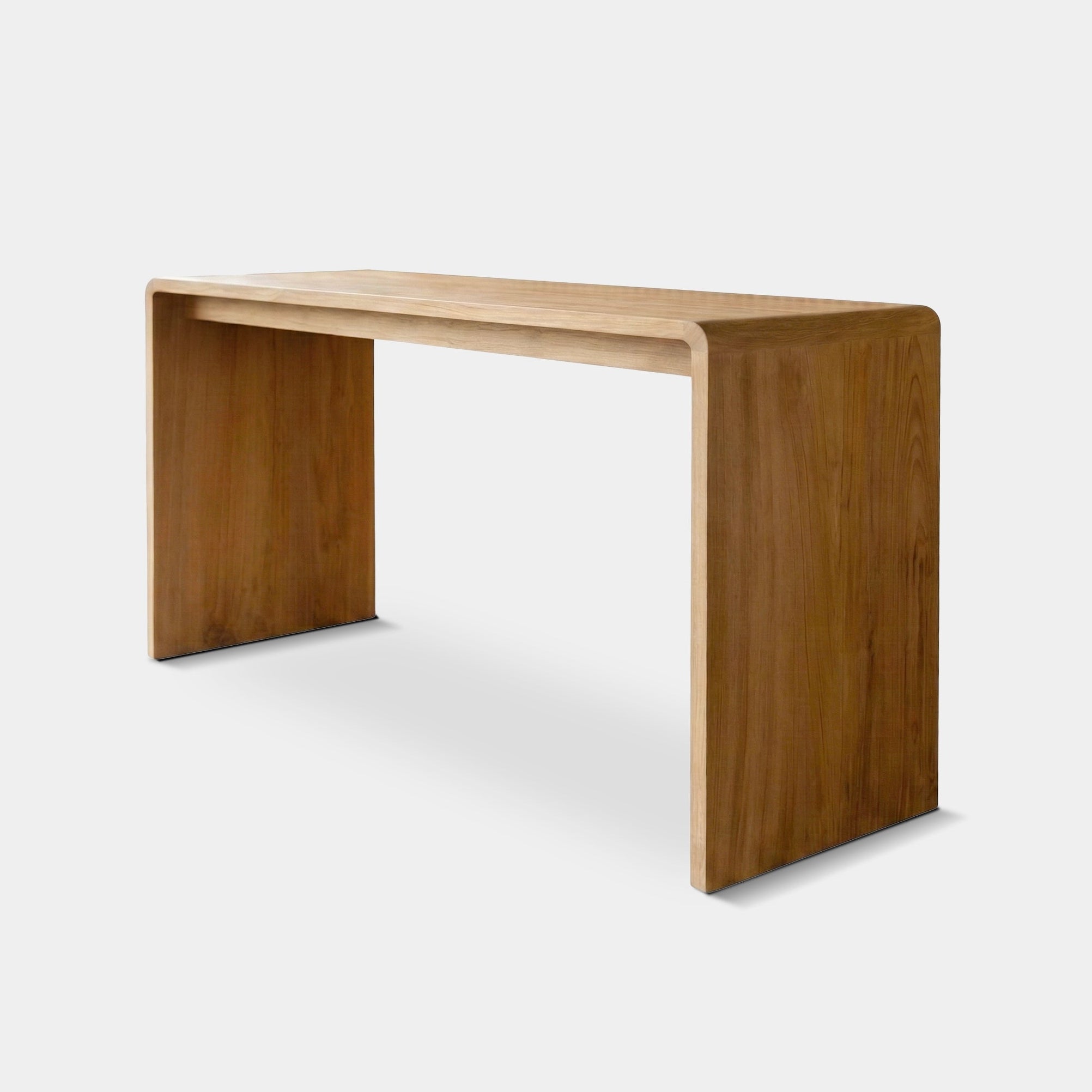 Siam waterfall hall table with continuous flowing edges, handcrafted from 100% reclaimed old teak in Chiang Mai, Thailand.