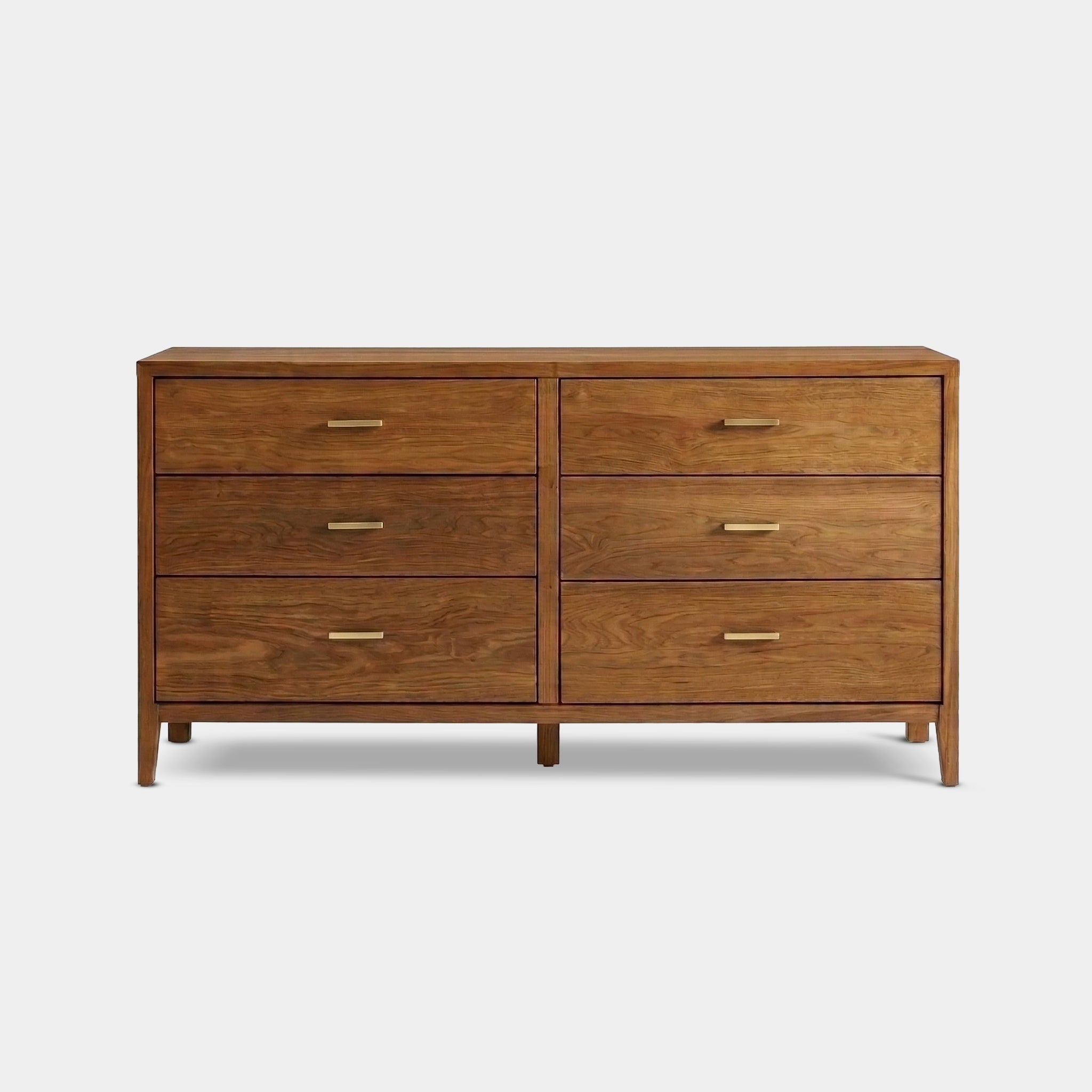 Taling Ngam 100% reclaimed teak 6-drawer dresser with fluted fronts and brass handles, handcrafted in Chiang Mai, Thailand.