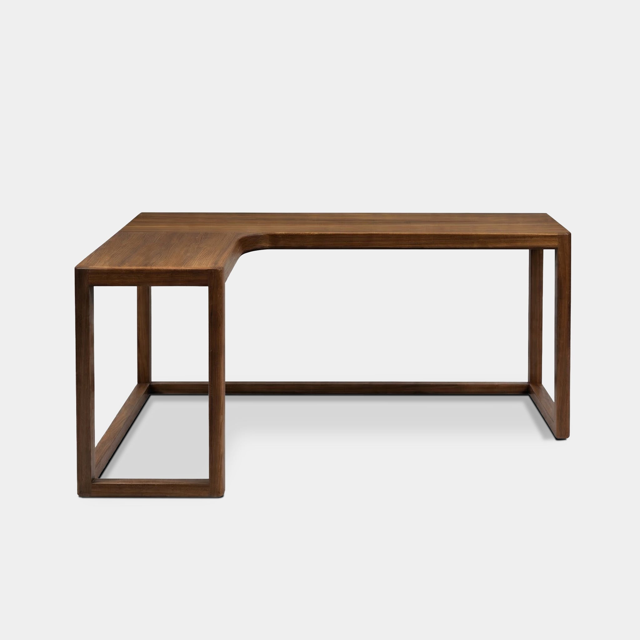 Tara 100% reclaimed teak L-shaped desk with open frame base, handcrafted in Chiang Mai, Thailand.