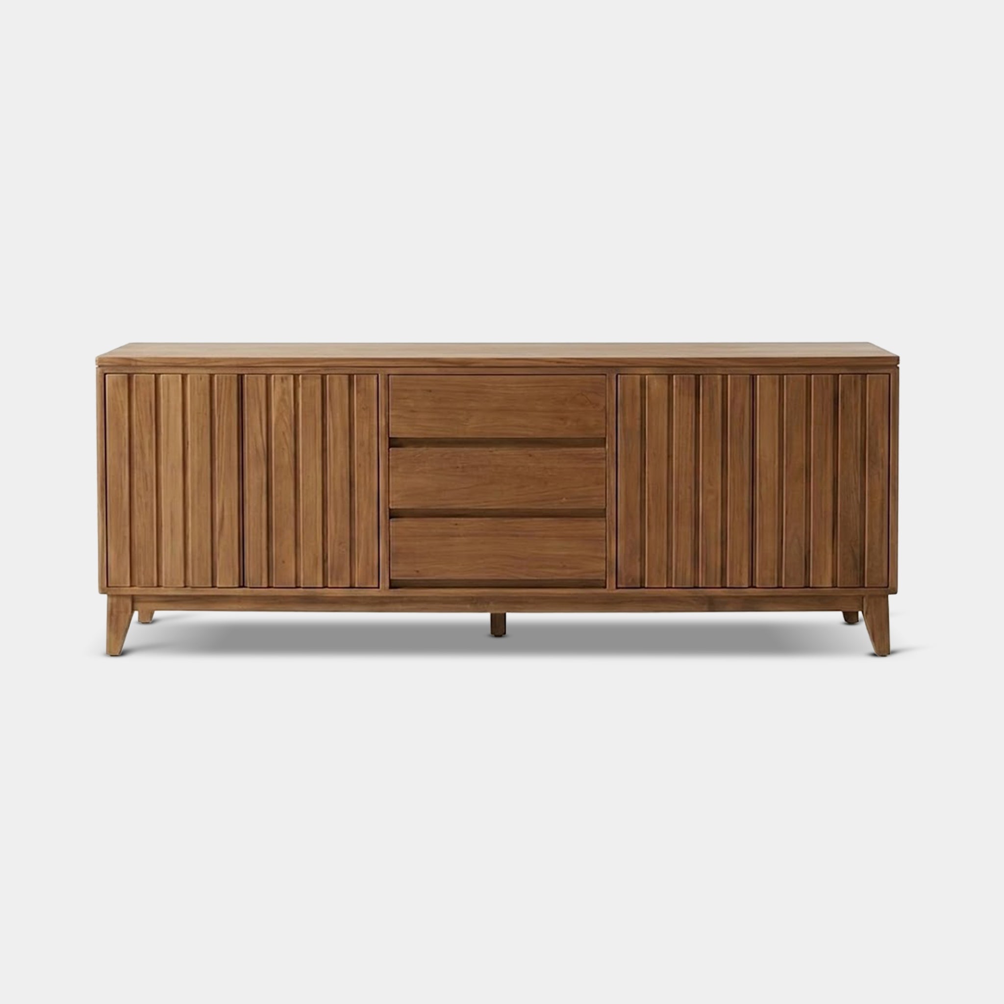 Alee vertical slatted TV cabinet with push-to-open doors, handcrafted from 100% reclaimed old teak in Chiang Mai, Thailand.